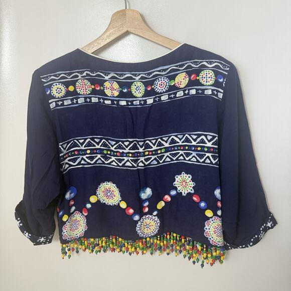 Platinum Dorothy Schoelen Blue Beaded Lagen Art Crop Blazer Jacket Small - Picture 2 of 10